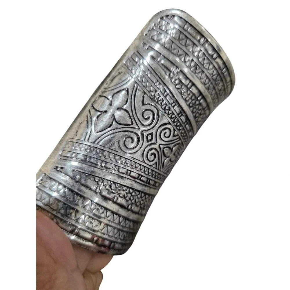 Silver Tone Wide Cuff Bracelet Tribal Ethnic Pattern‎ Statement Jewelry